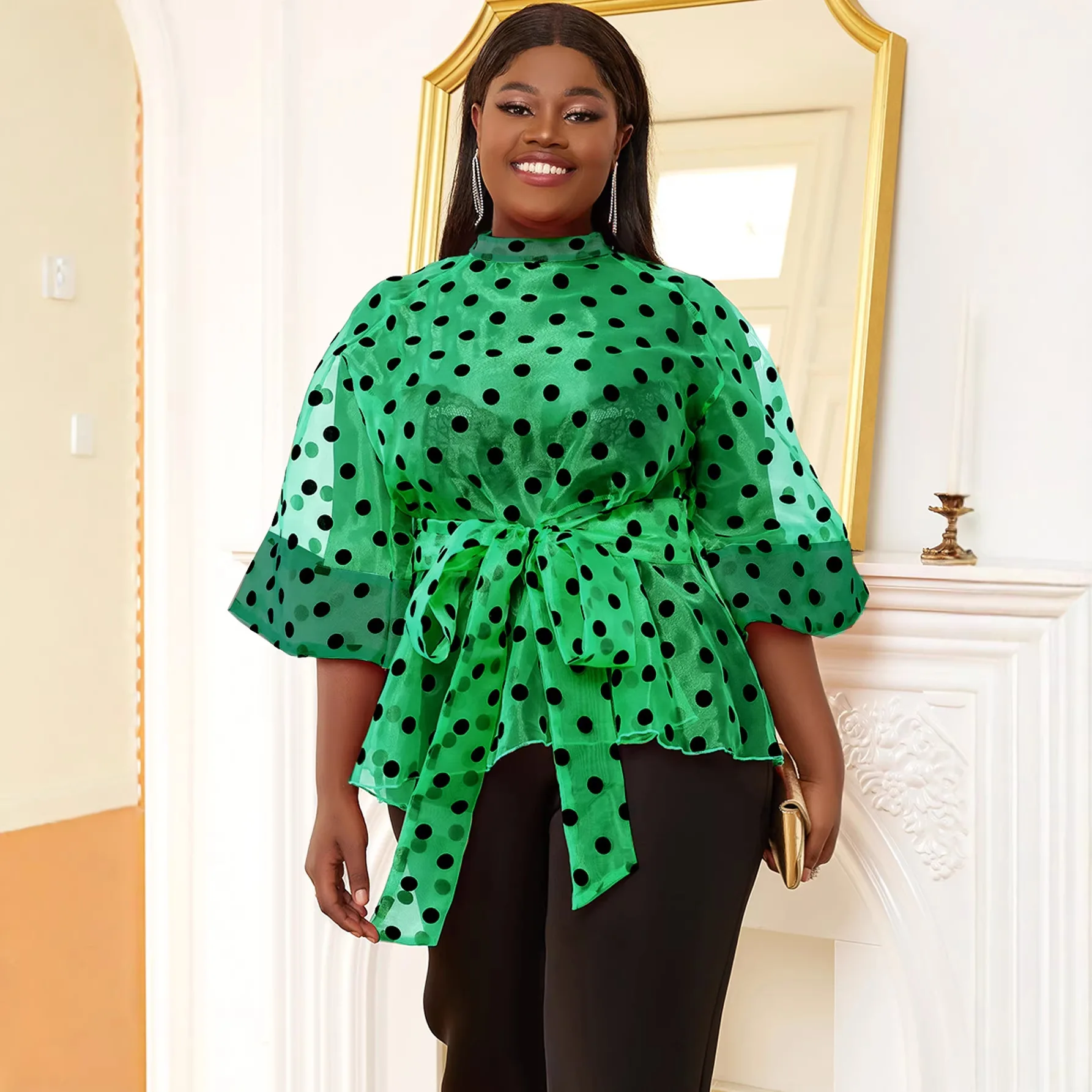 Plus-size Women's Polka-dot Sheer Organza Top, Slimming For Plus-size Ladies, With Tie-waist, Elegant For Commuting And Parties
Plus-size Women's Polka-dot Sheer Organza Top, Slimming For Plus-size Ladies, With Tie-waist, Elegant For Commuting And Parties