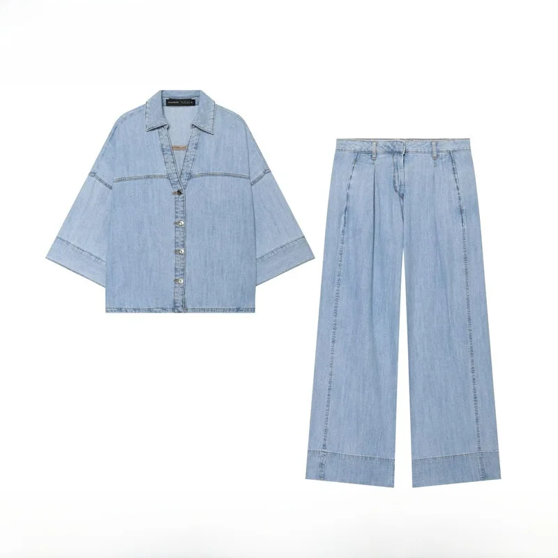 Spring Summer New Women's Wide Sleeve Denim Shirt And Jeans ZR Style High Waist Long Pants Fashion Set Polyester Fiber
Spring Summer New Women's Wide Sleeve Denim Shirt And Jeans ZR Style High Waist Long Pants Fashion Set Polyester Fiber