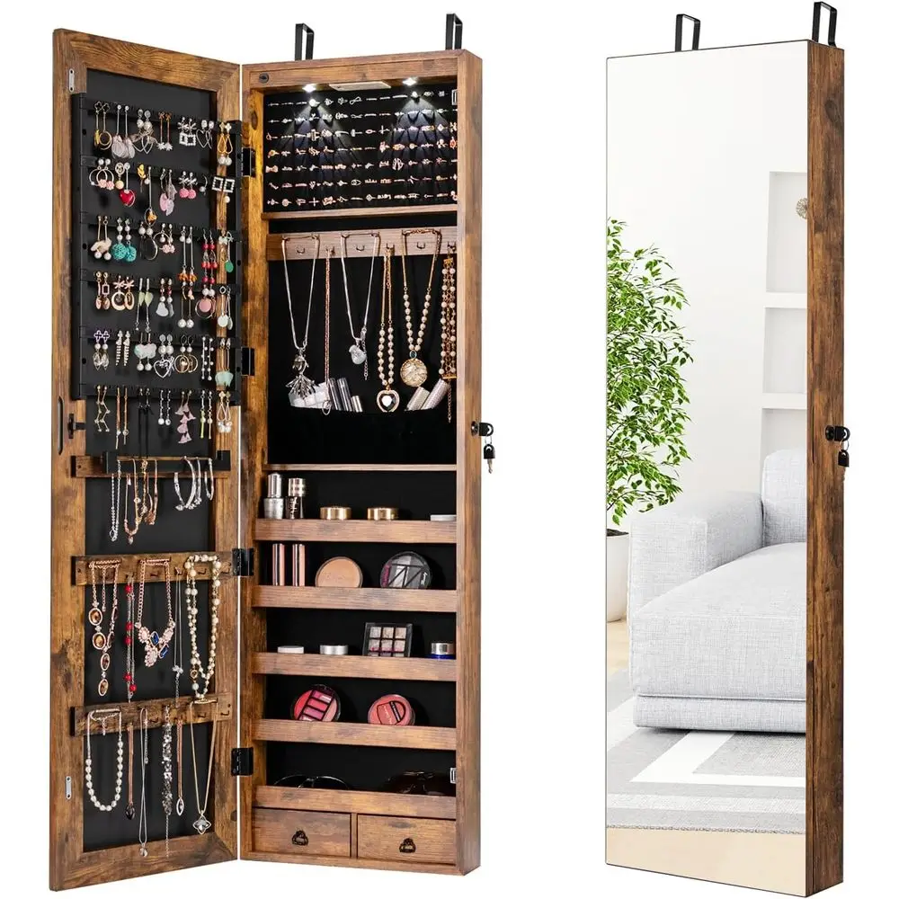 Full-Length Mirrored Wardrobe Cabinet with Lockable Storage, 2 Drawers, and LED Lights - Rustic Brown for Women's Bedroom
Full-Length Mirrored Wardrobe Cabinet with Lockable Storage, 2 Drawers, and LED Lights - Rustic Brown for Women's Bedroom