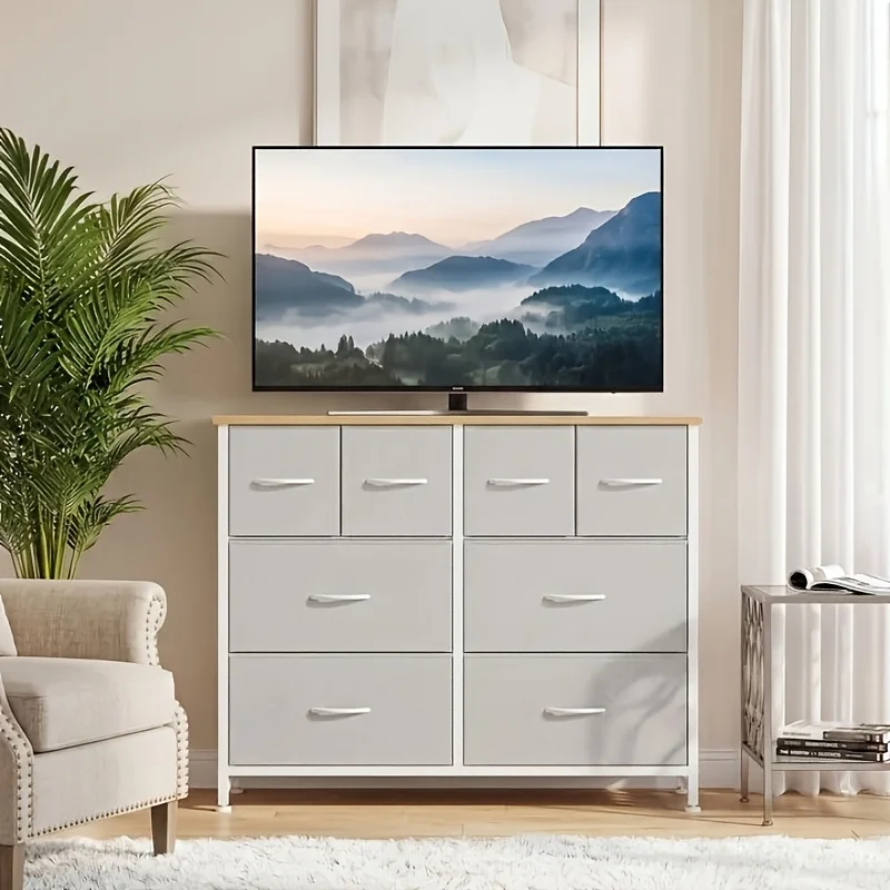 Multifunctional TV Stand Dresser with 8 Fabric Drawers, Wood Top & Sturdy Metal Frame, Spacious Storage Tower Organizer for Living Room, Bedroom, Closet & Entryway
Multifunctional TV Stand Dresser with 8 Fabric Drawers, Wood Top & Sturdy Metal Frame, Spacious Storage Tower Organizer for Living Room, Bedroom, Closet & Entryway