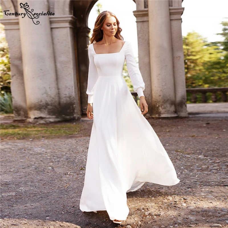 Simple Wedding Dresses for Women Square Collar Long Sleeve A-Line Crepe Boho Bride Dress Civil Bridal Gowns Customized
Simple Wedding Dresses for Women Square Collar Long Sleeve A-Line Crepe Boho Bride Dress Civil Bridal Gowns Customized