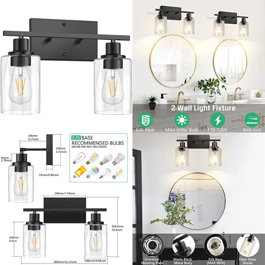 2-Light Bathroom Vanity Light Fixtures, Modern Wall Lighting with Clear Glass Shade, Matte Finished Wall Sconce Lighting for Mi
2-Light Bathroom Vanity Light Fixtures, Modern Wall Lighting with Clear Glass Shade, Matte Finished Wall Sconce Lighting for Mi
