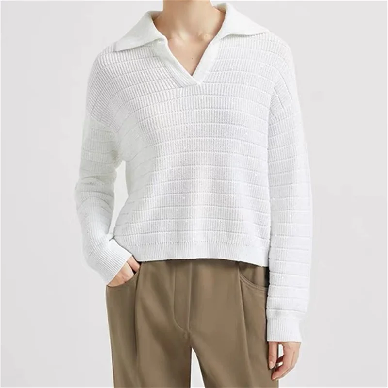 Women's sweater New elastic knitted slim fit lapel long sleeved top for autumn 2025 Sequin blended pure cotton pullover Knitwear
Women's sweater New elastic knitted slim fit lapel long sleeved top for autumn 2025 Sequin blended pure cotton pullover Knitwear