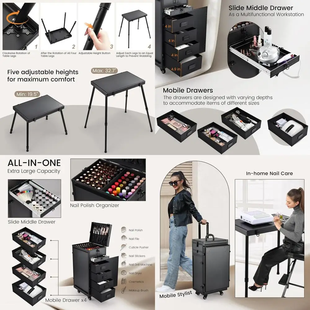 Mobile Nail Technician Desk with 5 Drawers, Makeup Case, and Brush Pouch - Black
Mobile Nail Technician Desk with 5 Drawers, Makeup Case, and Brush Pouch - Black