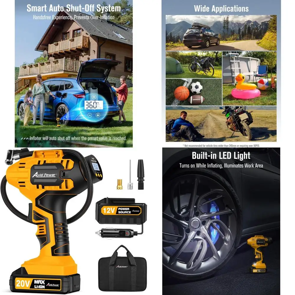 20V Cordless Li-ion Battery Air Compressor for Car Tires with Digital Gauge and 12V Adapter - Industrial Yellow
20V Cordless Li-ion Battery Air Compressor for Car Tires with Digital Gauge and 12V Adapter - Industrial Yellow