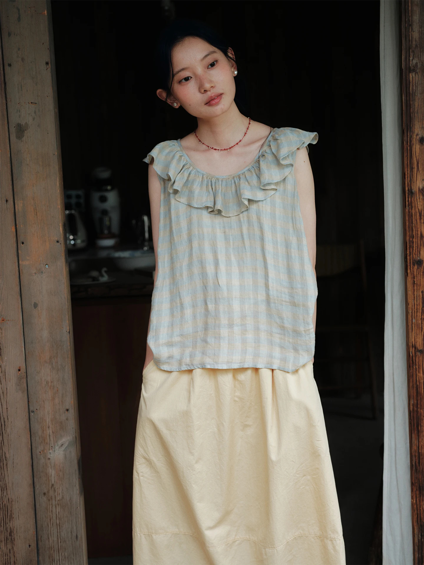 Summer Women's Linen Gingham Print Cap Sleeveless Shirt Casual Style round Neck Fly Sleeve Length Regular Body Fit Shirt
Summer Women's Linen Gingham Print Cap Sleeveless Shirt Casual Style round Neck Fly Sleeve Length Regular Body Fit Shirt