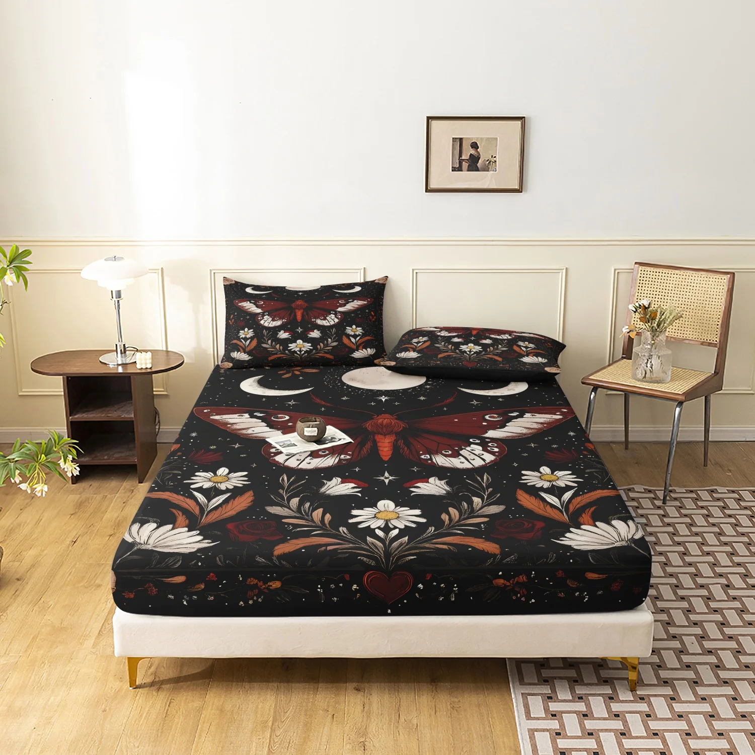 3pcs Bohemian Moth Moon Phase Print Fitted Sheet Set, Vintage Floral Heart Print Bedding,Room And Dormitories
3pcs Bohemian Moth Moon Phase Print Fitted Sheet Set, Vintage Floral Heart Print Bedding,Room And Dormitories