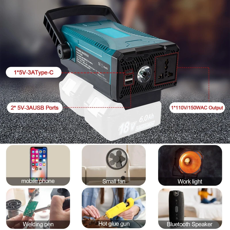 Outdoor Camping Power Station Portable Power Inverter Power Transformer with LED Light Compatible with For Makita 18V Batteries
Outdoor Camping Power Station Portable Power Inverter Power Transformer with LED Light Compatible with For Makita 18V Batteries