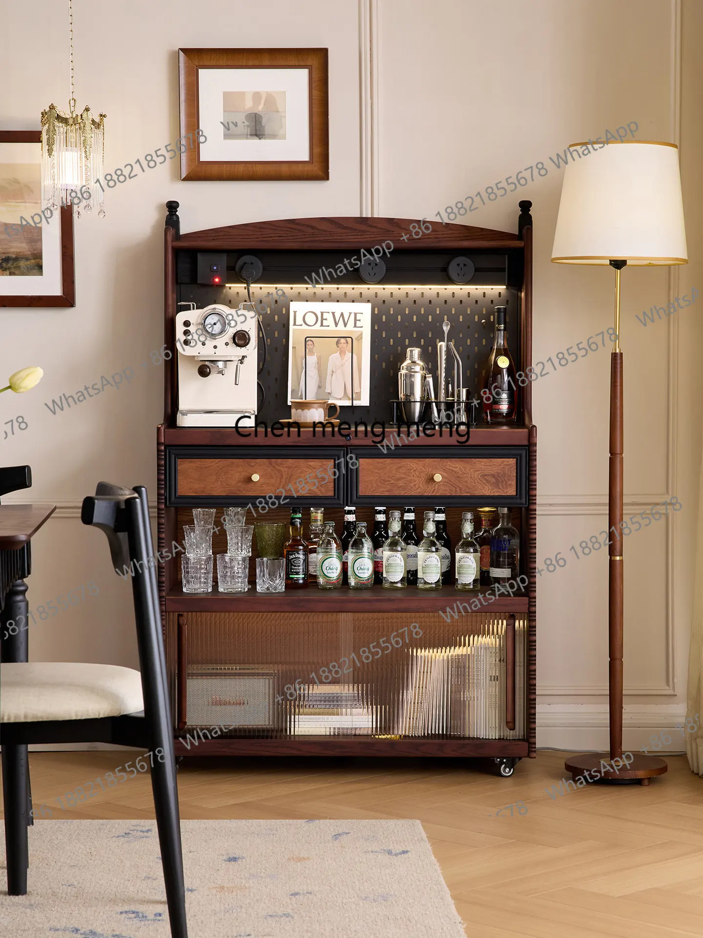 Retro solid wood mobile side cabinet, living room with wheel display, storage, high cabinet
Retro solid wood mobile side cabinet, living room with wheel display, storage, high cabinet