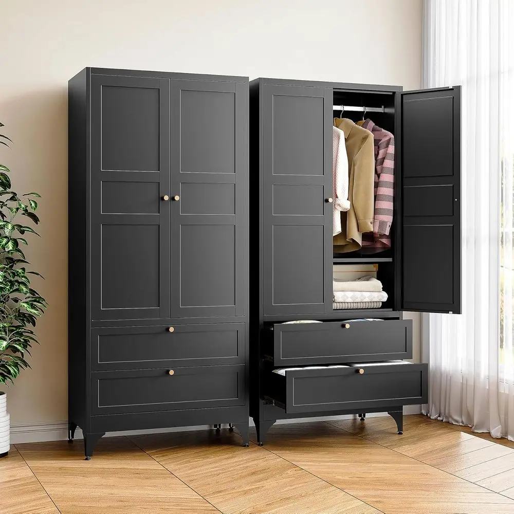 71 Metal Wardrobe Closet with 2 Drawers, Adjustable Shelves, and Hanging Rail - Black
71 Metal Wardrobe Closet with 2 Drawers, Adjustable Shelves, and Hanging Rail - Black