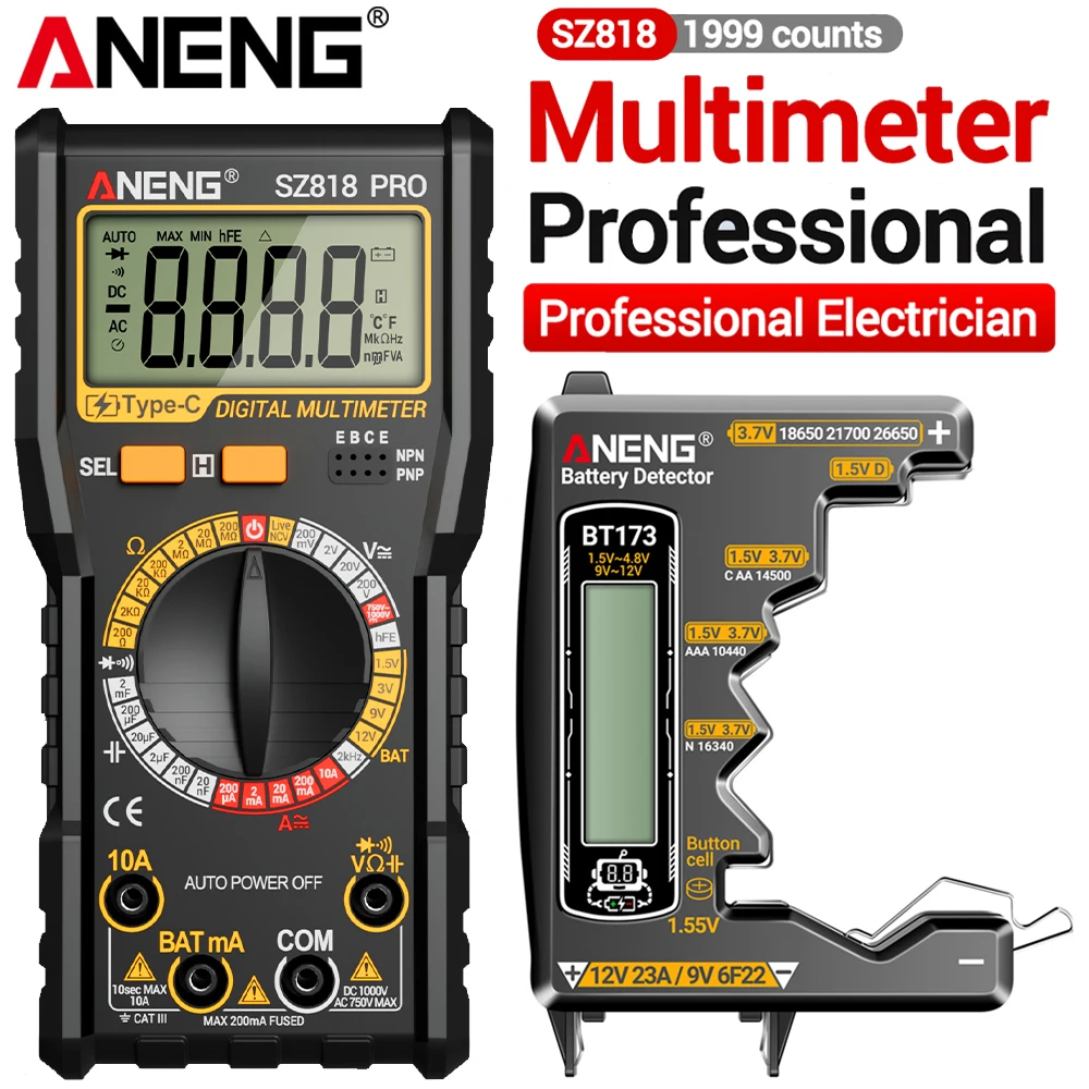 ANENG Intelligent Digital Multimeter Automotive Voltage Triode Tester SZ818+BT173 9V/12V Battery Digital Display Detector Tools
ANENG Intelligent Digital Multimeter Automotive Voltage Triode Tester SZ818+BT173 9V/12V Battery Digital Display Detector Tools