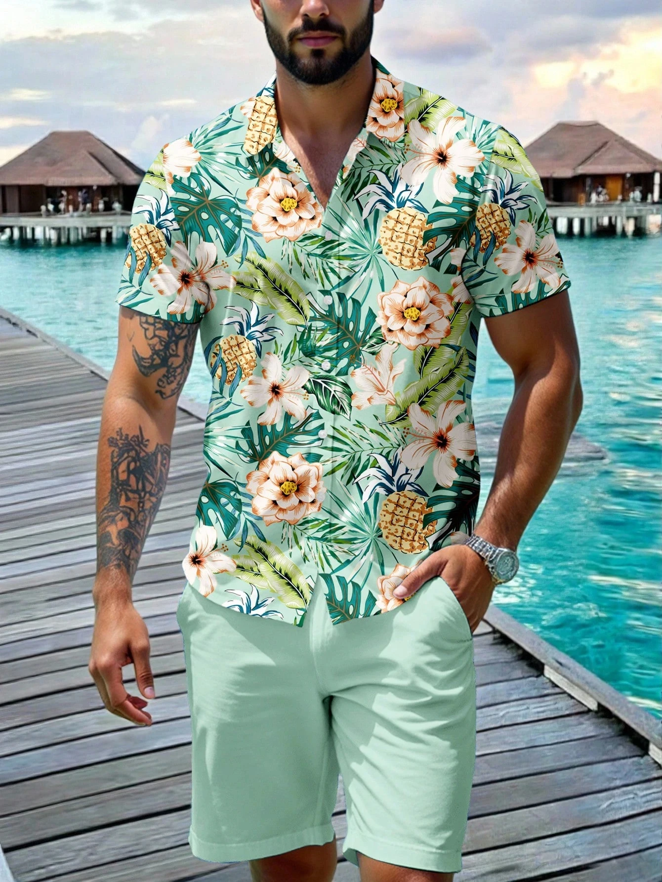 Pineapple Floral Print Hawaiian Men's Shirt and Shorts Two Piece Set Casual Vacation Men's Shirt Set Short Sleeve Button Shirt
Pineapple Floral Print Hawaiian Men's Shirt and Shorts Two Piece Set Casual Vacation Men's Shirt Set Short Sleeve Button Shirt