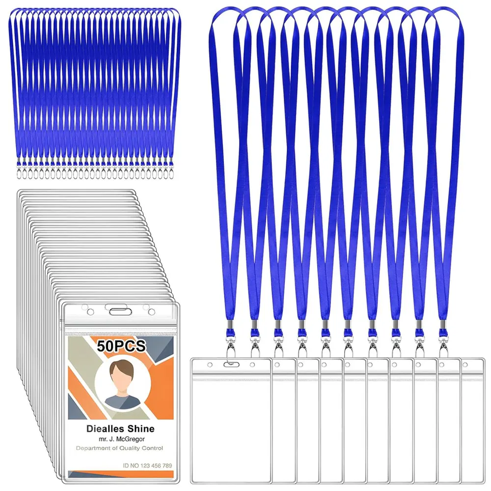 50-piece ID card holder with blue lanyard, made of PVC, suitable for business, trade shows, and schools (vertical design).
50-piece ID card holder with blue lanyard, made of PVC, suitable for business, trade shows, and schools (vertical design).