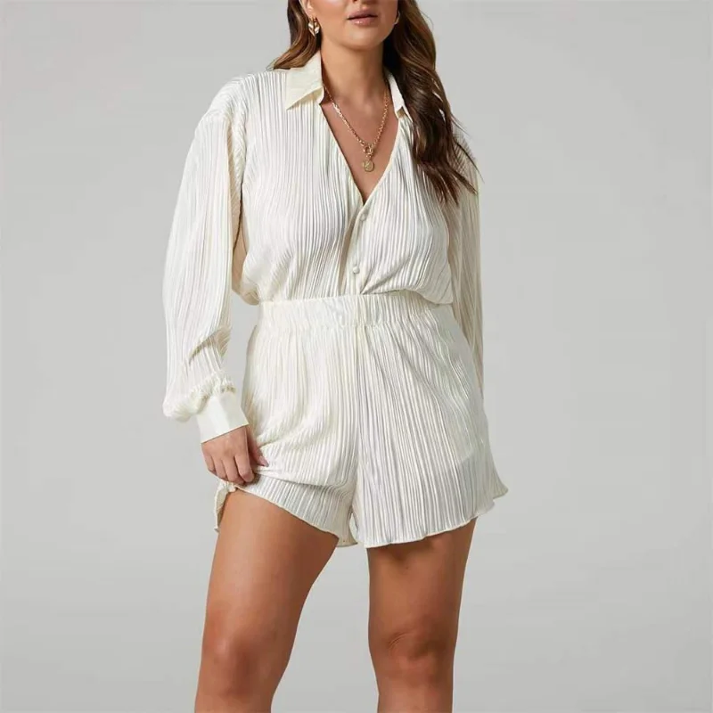 2023 Summer Ruched Women Shirt Pleated Two Piece Set Loose Elastic High Waist Wide Leg Shorts Suit Casual Female Outfit
2023 Summer Ruched Women Shirt Pleated Two Piece Set Loose Elastic High Waist Wide Leg Shorts Suit Casual Female Outfit