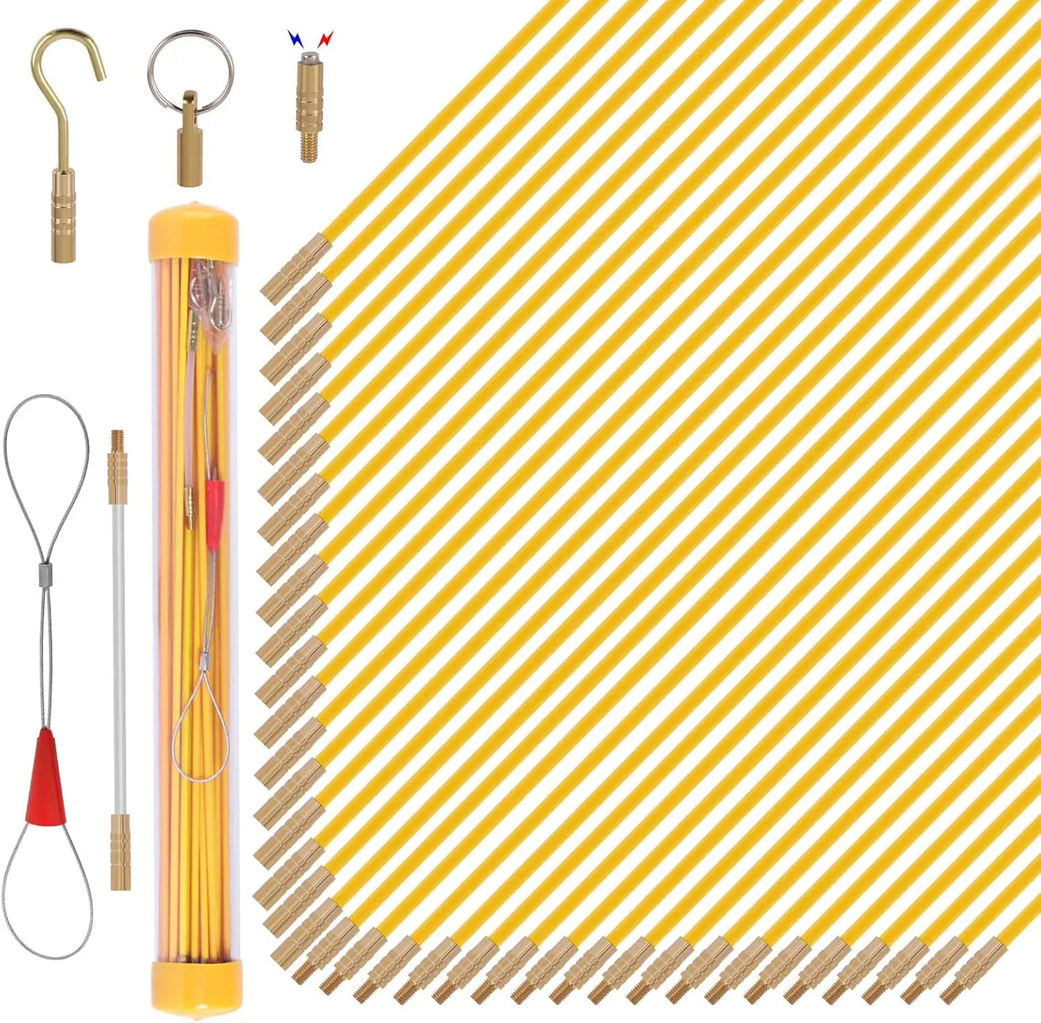 50FT Fiberglass Fish Tape Kit with 36 Rods, Electrical Wire Puller for Wall Cable Running, with Carrying Case and Attachments
50FT Fiberglass Fish Tape Kit with 36 Rods, Electrical Wire Puller for Wall Cable Running, with Carrying Case and Attachments