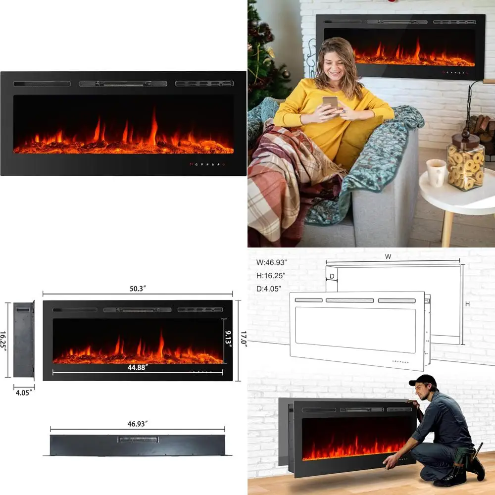 50 Inch Wall-Mounted Electric Fireplace with LED Flames, Remote Control, Touchscreen, and High-Efficiency Heating
50 Inch Wall-Mounted Electric Fireplace with LED Flames, Remote Control, Touchscreen, and High-Efficiency Heating