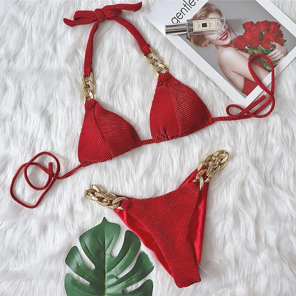 9 Colors Sexy Bikini Women Shining Fabric Golden Rhinestone Chain Swimwear Swimsuit Solid Halter Bikinis Set Bathing Suit Female
9 Colors Sexy Bikini Women Shining Fabric Golden Rhinestone Chain Swimwear Swimsuit Solid Halter Bikinis Set Bathing Suit Female