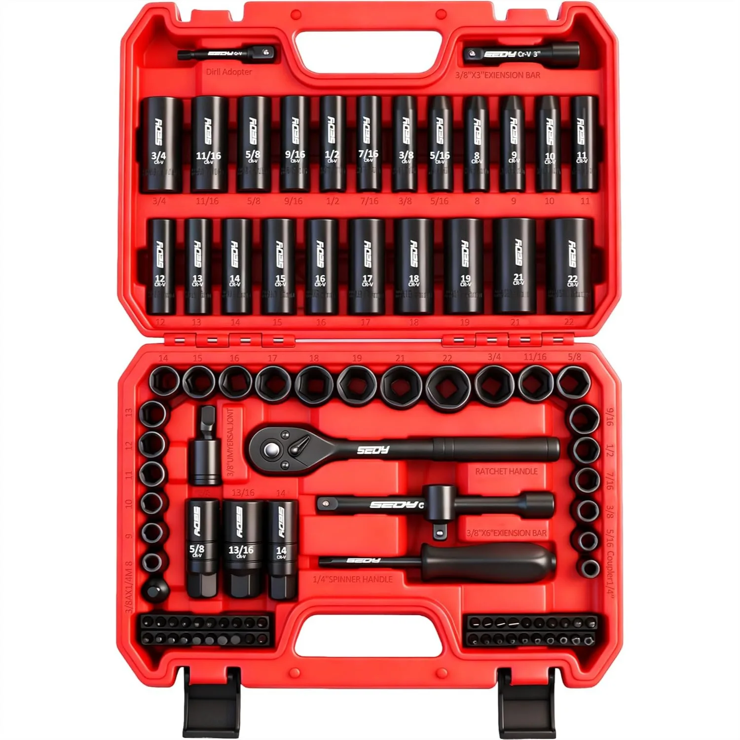 96-Piece 3/8" Drive Impact Socket Set, SAE & Metric Cr-V Sockets, Ratchet Handle & Adapters
96-Piece 3/8" Drive Impact Socket Set, SAE & Metric Cr-V Sockets, Ratchet Handle & Adapters