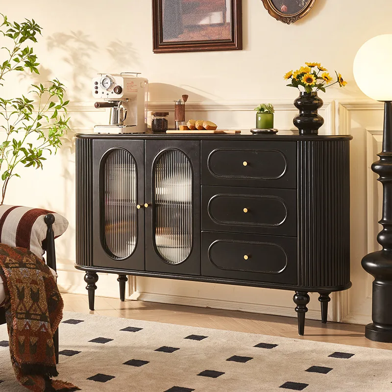 French solid wood dining side cabinet, living room retro wind shutter design, black integrated tea cabinet, multi-functional 
French solid wood dining side cabinet, living room retro wind shutter design, black integrated tea cabinet, multi-functional