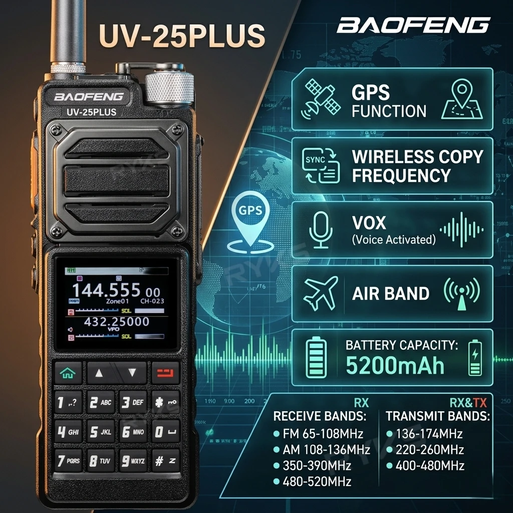 Baofeng Uv-25 Pro Gps Air Band Walkie Talkie Long Range 10W Multi Band Wireless Copy Frequency Vhf Uhf Type-C 1000Ch Charger
Baofeng Uv-25 Pro Gps Air Band Walkie Talkie Long Range 10W Multi Band Wireless Copy Frequency Vhf Uhf Type-C 1000Ch Charger