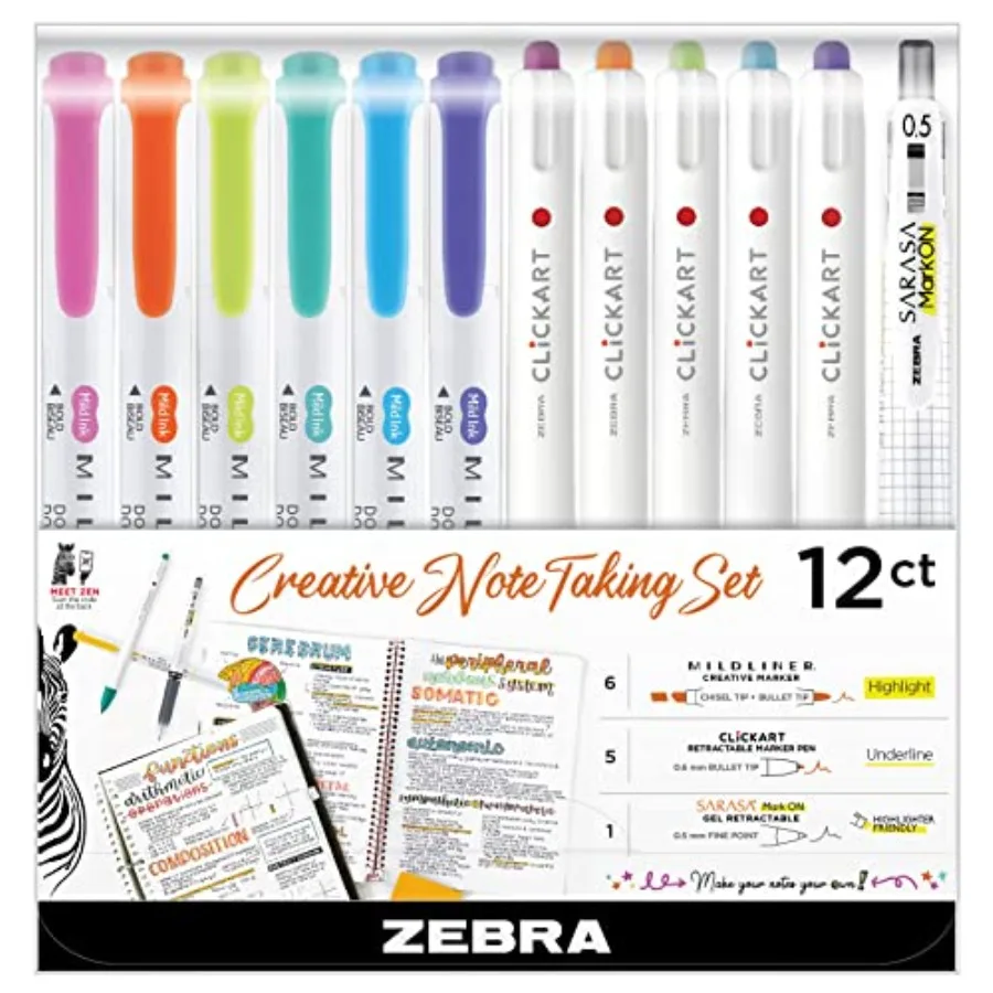Creative Notetaking Set 12-Pack, Includes 6 Highlighters, 5 CLiCKART Retractable Marker Pens, and 1 Sarasa Retractable Gel Pen,
Creative Notetaking Set 12-Pack, Includes 6 Highlighters, 5 CLiCKART Retractable Marker Pens, and 1 Sarasa Retractable Gel Pen,
