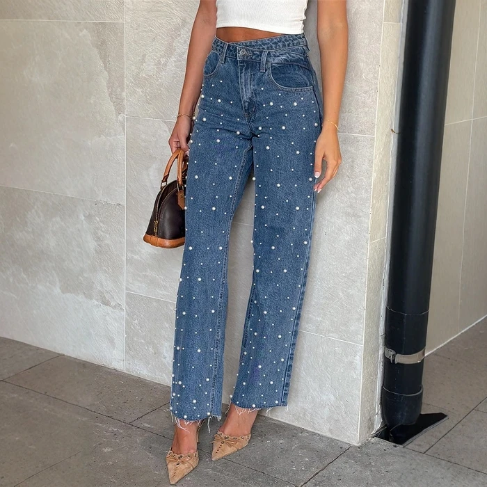 Модные повседневные потертые прямые джинсы с бисером, женские длинные брюки с высокой талией, синие джинсовые брюки на молнии 
Модные повседневные потертые прямые джинсы с бисером, женские длинные брюки с высокой талией, синие джинсовые брюки на молнии