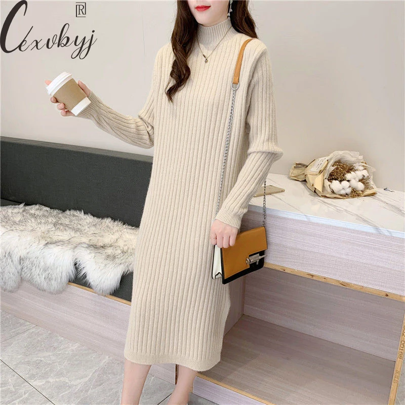 Fall Winter Knitted Dress Women Half High Collar Korean Long Dress Oversized Straight Bottoming Sweater Robe Knitwear Vestidos
Fall Winter Knitted Dress Women Half High Collar Korean Long Dress Oversized Straight Bottoming Sweater Robe Knitwear Vestidos