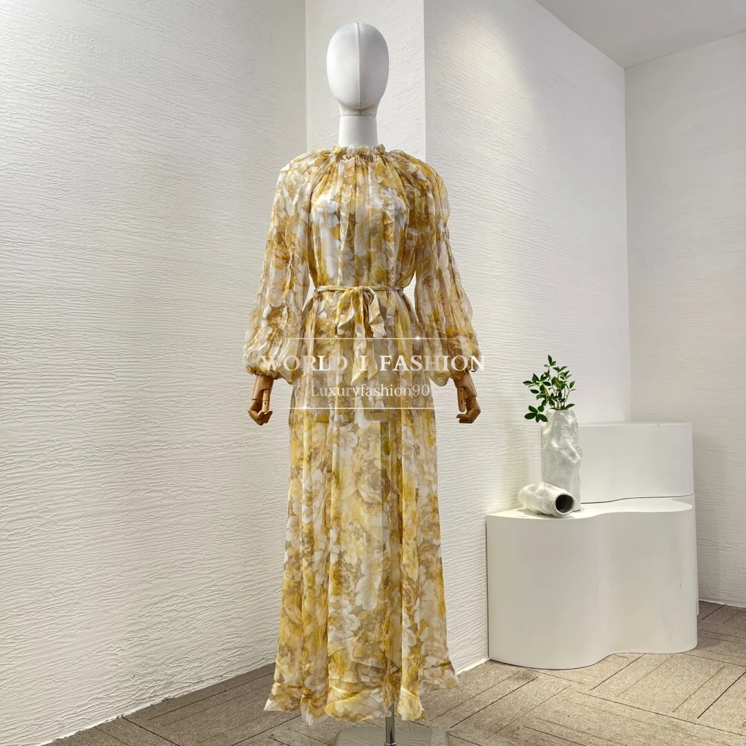 Beach Style Yellow Floral Print Ruffles Pleats Long Sleeve Midi Dress 2025 Silk Women High Quality Clothing
Beach Style Yellow Floral Print Ruffles Pleats Long Sleeve Midi Dress 2025 Silk Women High Quality Clothing