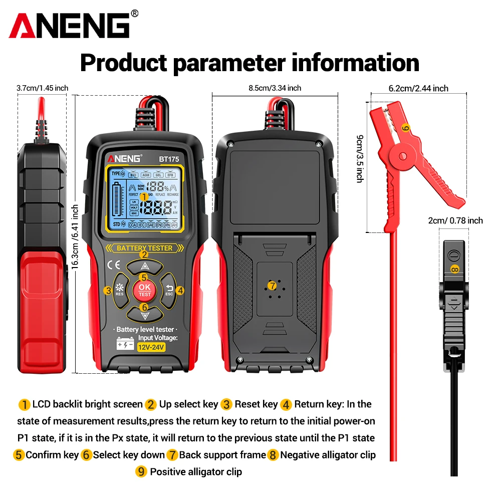 Universal Digital Car Battery Tester ANENG BT175 With Insulated Alligator Clip LCD Display Screen Professional Detection Tools