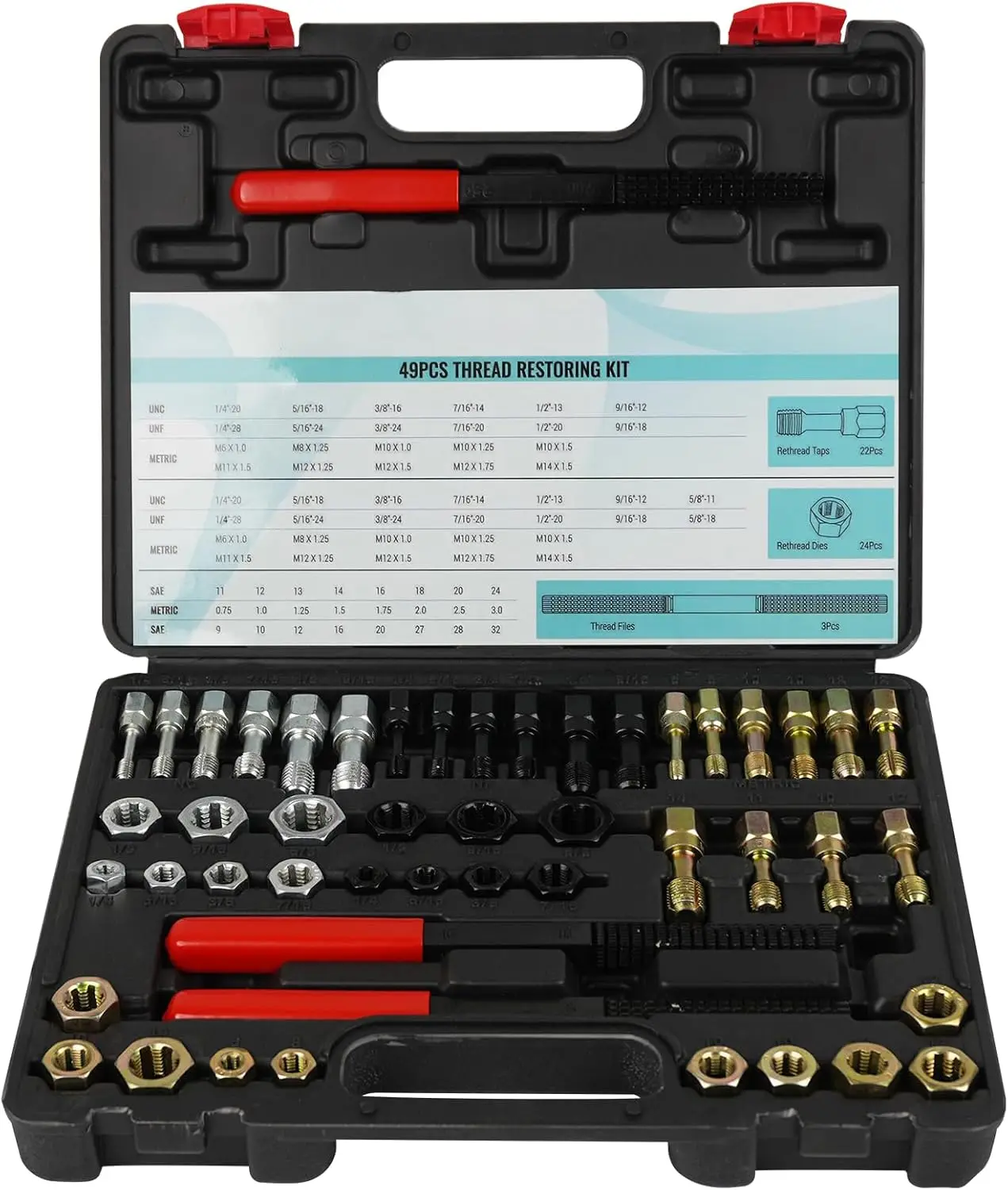 49-Piece Rethread Repair Kit: UNC, UNF, Metric Thread Chaser Set with Taps, Dies, Files
49-Piece Rethread Repair Kit: UNC, UNF, Metric Thread Chaser Set with Taps, Dies, Files