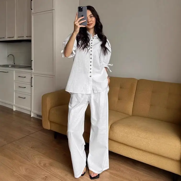 White Cotton Linen Bubble Sleeve Shirt And Pants Two Piece Set Casual Summer Fashionable Women's Ensemble Long Trousers
White Cotton Linen Bubble Sleeve Shirt And Pants Two Piece Set Casual Summer Fashionable Women's Ensemble Long Trousers