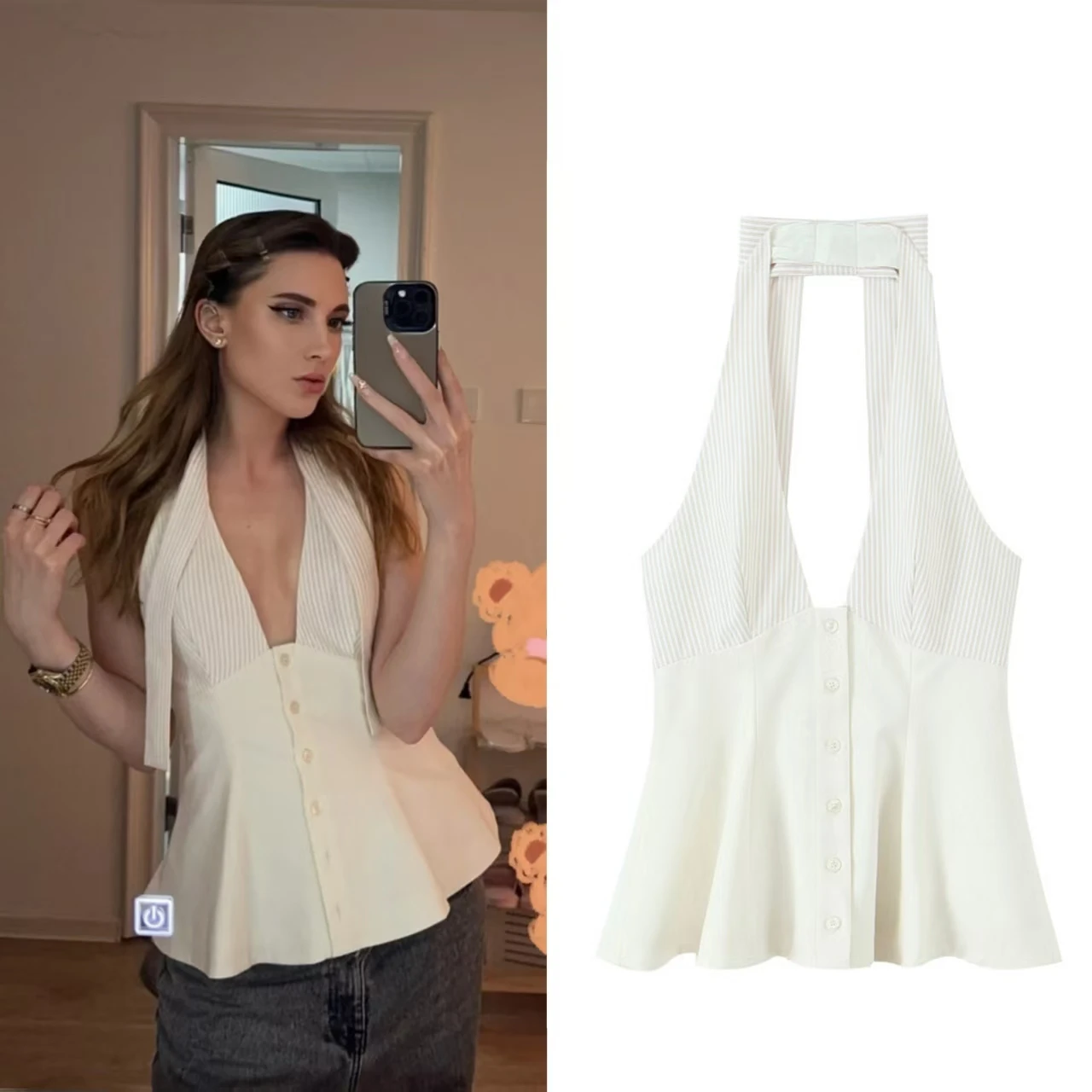 Women's Blouse New Summer 2025 White Patchwork Halterneck Top Sexy Off-the-Shoulder Backless Streamer Trim Stylish Personality
Women's Blouse New Summer 2025 White Patchwork Halterneck Top Sexy Off-the-Shoulder Backless Streamer Trim Stylish Personality