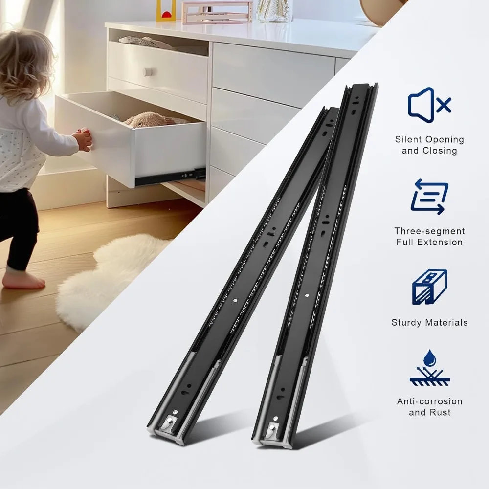 10 Pairs 22 Inch Soft Close Drawer Slides, Ball Bearing Full Extension Dresser Slides, Side Mount Heavy Duty Black Drawer
10 Pairs 22 Inch Soft Close Drawer Slides, Ball Bearing Full Extension Dresser Slides, Side Mount Heavy Duty Black Drawer
