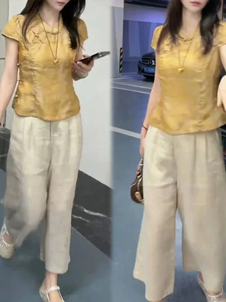 New Chinese Style Women's Summer Casual Cotton Linen Shirt And Pants Set with Button Design Fashionable High Waist Trousers
New Chinese Style Women's Summer Casual Cotton Linen Shirt And Pants Set with Button Design Fashionable High Waist Trousers