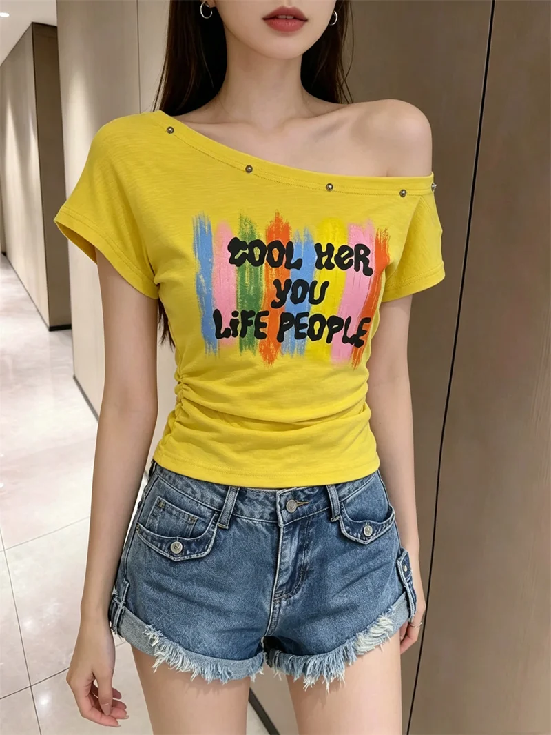 American Street Style Asymmetrical Shoulder Short Sleeve T-Shirt Women's Summer Slimming Fashion Letter Print Top
American Street Style Asymmetrical Shoulder Short Sleeve T-Shirt Women's Summer Slimming Fashion Letter Print Top