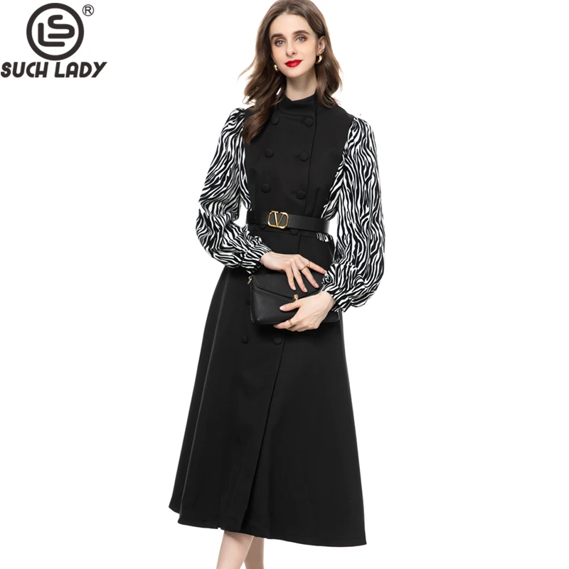 Women's Runway Dresses Stand Collar Long Sleeves Double Breasted Patchwork Fashion Mid Vestidos
Women's Runway Dresses Stand Collar Long Sleeves Double Breasted Patchwork Fashion Mid Vestidos