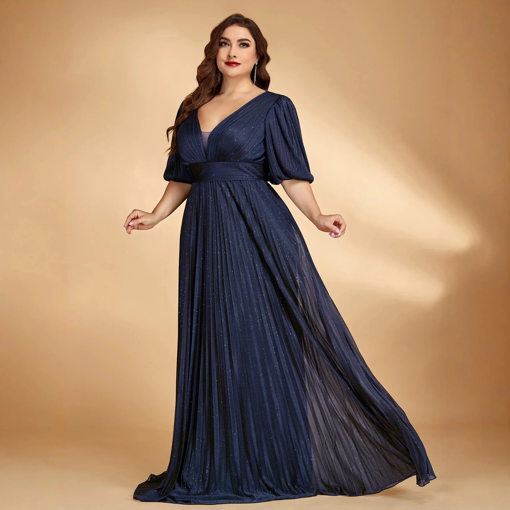 Plus Size Navy Glitter Pleated Maxi Dress Deep V Puff Short Sleeve Elastic Waist Flowy A Line Train Mother of Bride Evening Gown
Plus Size Navy Glitter Pleated Maxi Dress Deep V Puff Short Sleeve Elastic Waist Flowy A Line Train Mother of Bride Evening Gown