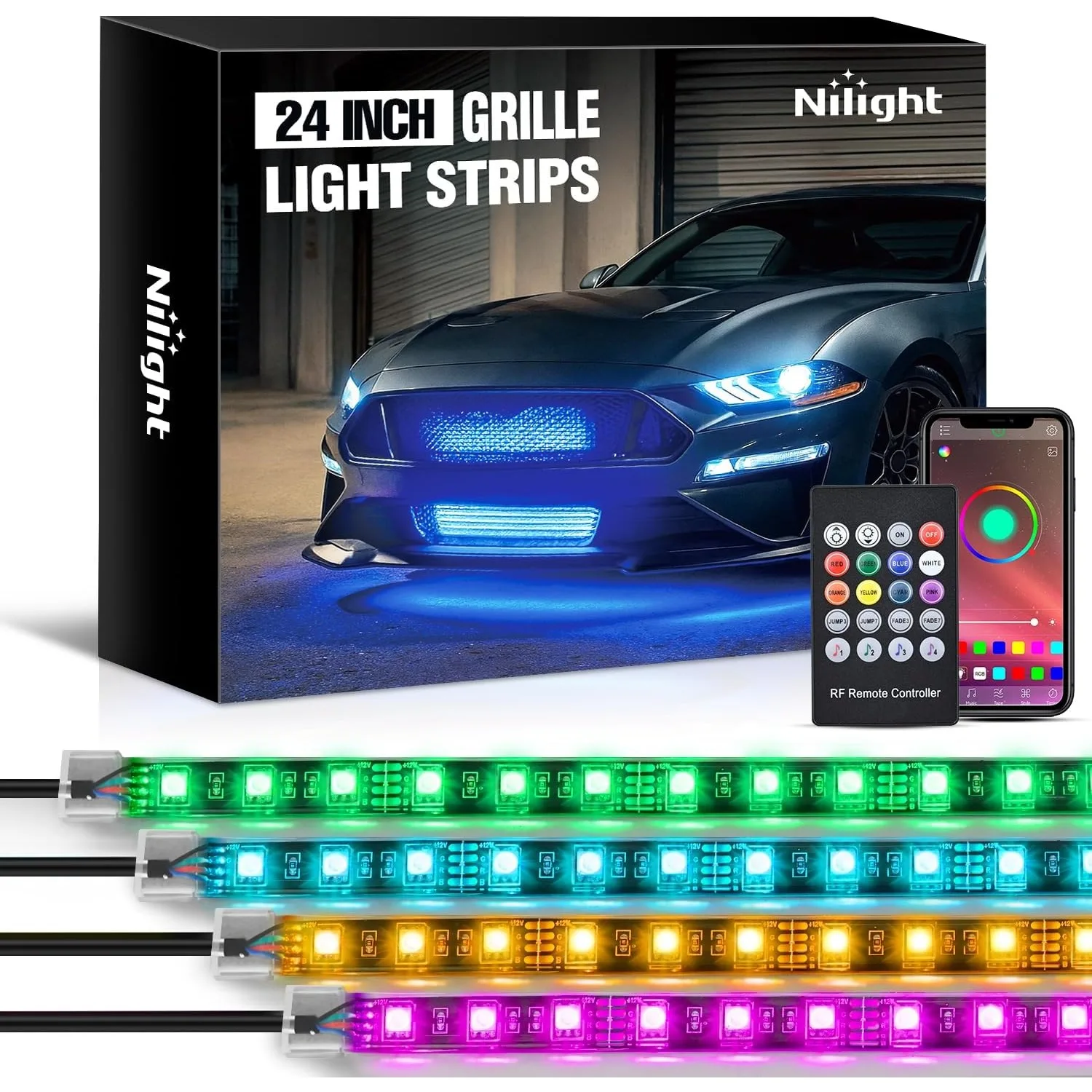 Nilight 24’ RGB LED Grille Light Car Truck SUV Van Exterior Strip Light APP Remote Control Music Sound Active Color Lighting Kit
Nilight 24’ RGB LED Grille Light Car Truck SUV Van Exterior Strip Light APP Remote Control Music Sound Active Color Lighting Kit