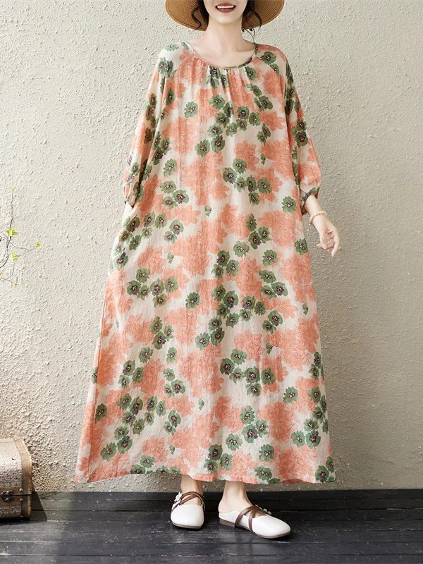 Loose Cotton Linen Long Skirt with Shoulder Insert Sleeves round Neck Slimming Effect Orange Green Floral Print Summer Dress
Loose Cotton Linen Long Skirt with Shoulder Insert Sleeves round Neck Slimming Effect Orange Green Floral Print Summer Dress
