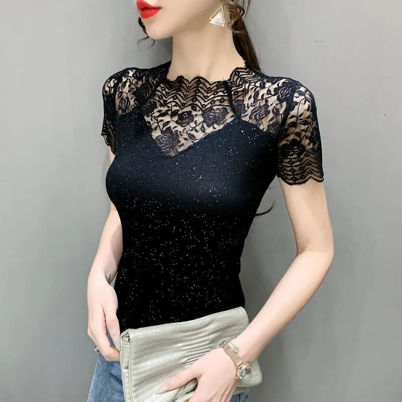 New Summer Women's Bling Lace Jacquard T-Shirt 2026 Woman Sequin Short Sleeve Tee Top Ladies Lace Hollow-out Spliced Base Shirt
New Summer Women's Bling Lace Jacquard T-Shirt 2026 Woman Sequin Short Sleeve Tee Top Ladies Lace Hollow-out Spliced Base Shirt
