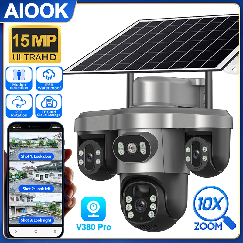 AIOOK Outdoor Solar-Powered Camera HD 15MP Triple Lens Triple PTZ 4G SIM Camera V380 PRO Color Night Vision Motion Tracking CCTV
AIOOK Outdoor Solar-Powered Camera HD 15MP Triple Lens Triple PTZ 4G SIM Camera V380 PRO Color Night Vision Motion Tracking CCTV