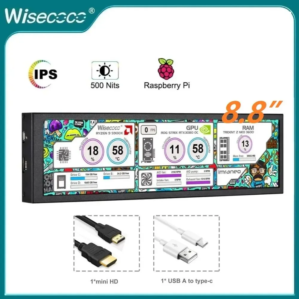 Wisecoco 8.8" FHD Mini Secondary Screen 1920x480 HDMI Type-C Compatible with PC Laptop Raspberry Pi Aida64 Ready
Wisecoco 8.8" FHD Mini Secondary Screen 1920x480 HDMI Type-C Compatible with PC Laptop Raspberry Pi Aida64 Ready