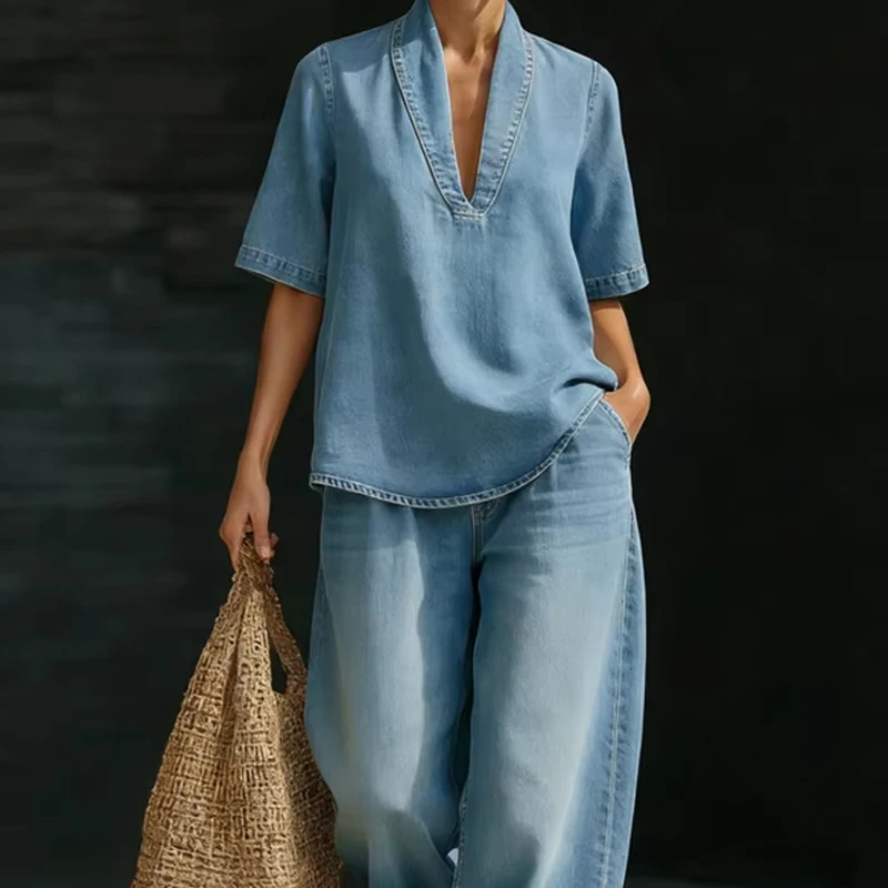 Casual Pocket Short Sleeve Summer Outfits Sexy V-Neck Pullover & Wide Leg Pants Sets Fashion Solid Leisure Denim Two Piece Suit
Casual Pocket Short Sleeve Summer Outfits Sexy V-Neck Pullover & Wide Leg Pants Sets Fashion Solid Leisure Denim Two Piece Suit