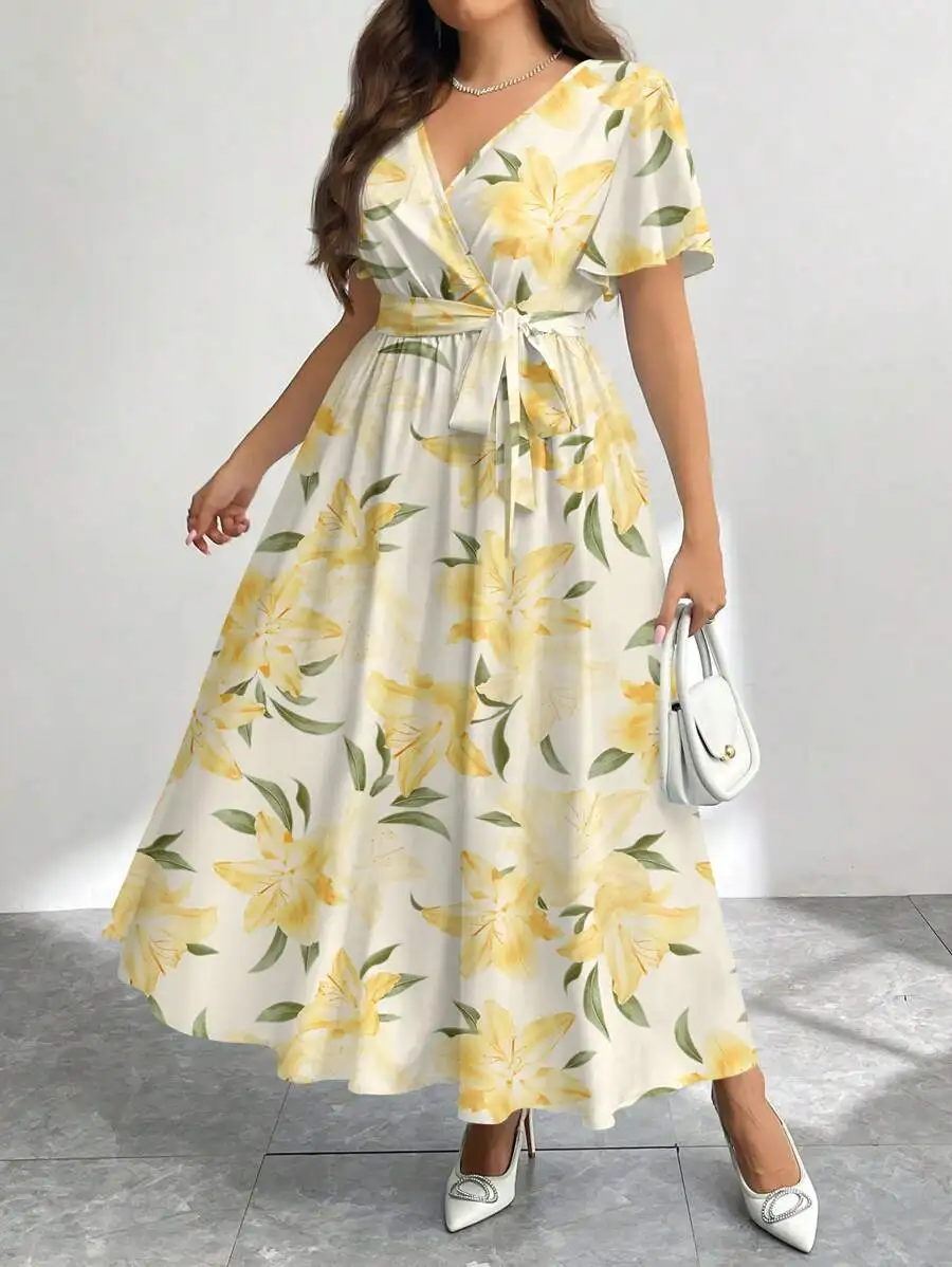 Yellow Lily Print Wrap Dress with Tie Waist, Loose Fit A-Line Maxi for Summer
Yellow Lily Print Wrap Dress with Tie Waist, Loose Fit A-Line Maxi for Summer