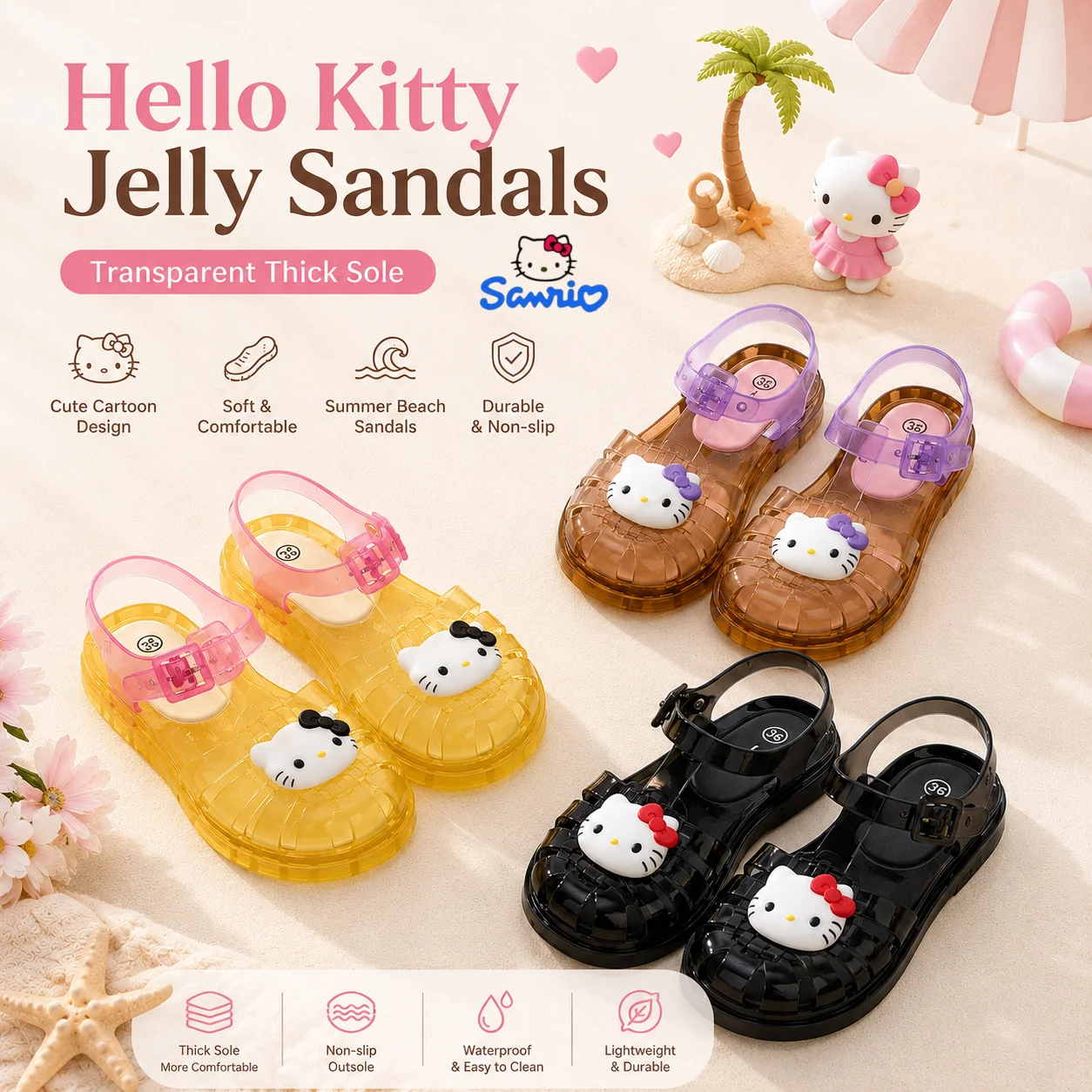 Sanrio Hello Kitty Kawaii Transparent Jelly Summer Women Sandals Waterproof Clear Jelly Sandals Cartoon Beach Shoes Ankle Strap
Sanrio Hello Kitty Kawaii Transparent Jelly Summer Women Sandals Waterproof Clear Jelly Sandals Cartoon Beach Shoes Ankle Strap