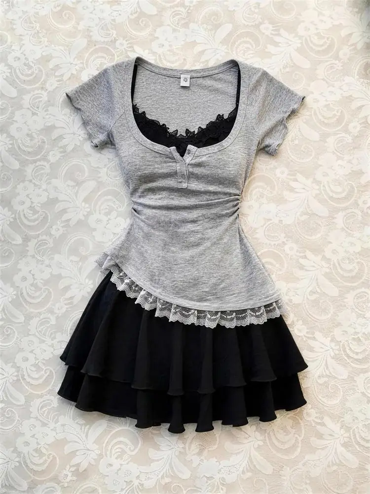 2 Piece Sets For Women's Patchwork Lace Irregular Short Sleeve Tshirts Tunic Sling Dress Outfits Fashion Sweet Summer Outfits
2 Piece Sets For Women's Patchwork Lace Irregular Short Sleeve Tshirts Tunic Sling Dress Outfits Fashion Sweet Summer Outfits