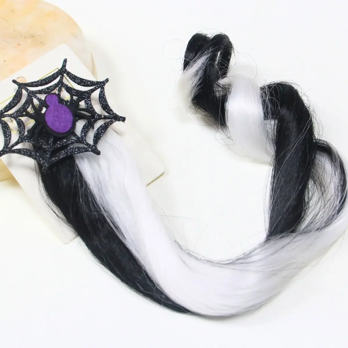 High quality long black white fiber synthetic wig Purple spider and web Halloween hair accessories
High quality long black white fiber synthetic wig Purple spider and web Halloween hair accessories
