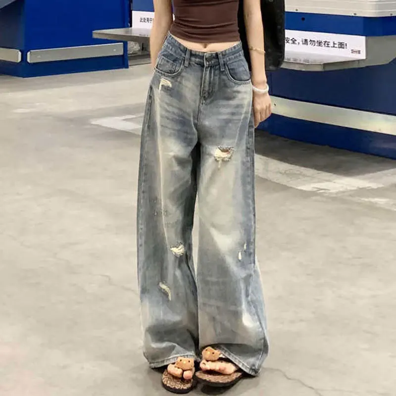 Women's Light Blue Distressed Baggy Jeans, High Waist Wide Leg Denim Pants with Faded Wash, Y2K Streetwear Trousers
Women's Light Blue Distressed Baggy Jeans, High Waist Wide Leg Denim Pants with Faded Wash, Y2K Streetwear Trousers
