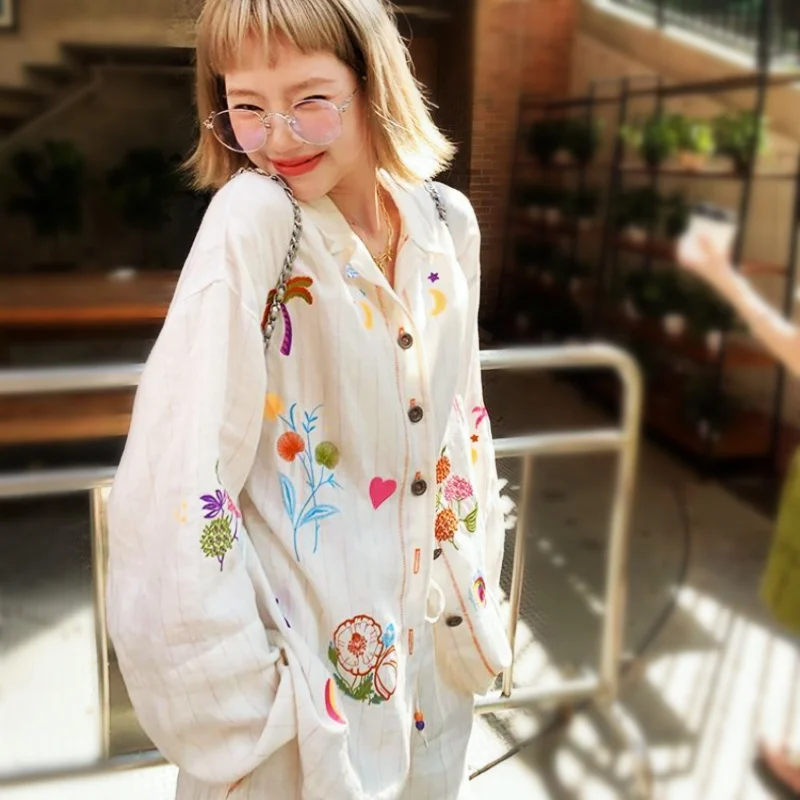Women Spring Summer Luxury Flowers Embroidery Linen Blouses Loose Tops Cartton Stripped Bohemian Shirts Blousa Tunic NZ339
Women Spring Summer Luxury Flowers Embroidery Linen Blouses Loose Tops Cartton Stripped Bohemian Shirts Blousa Tunic NZ339
