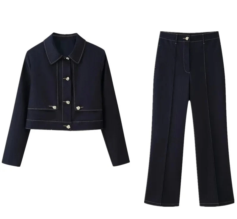 Женский комплект из двух предметов с цветной строчкой и длинными брюками со средней талией
Женский комплект из двух предметов с цветной строчкой и длинными брюками со средней талией